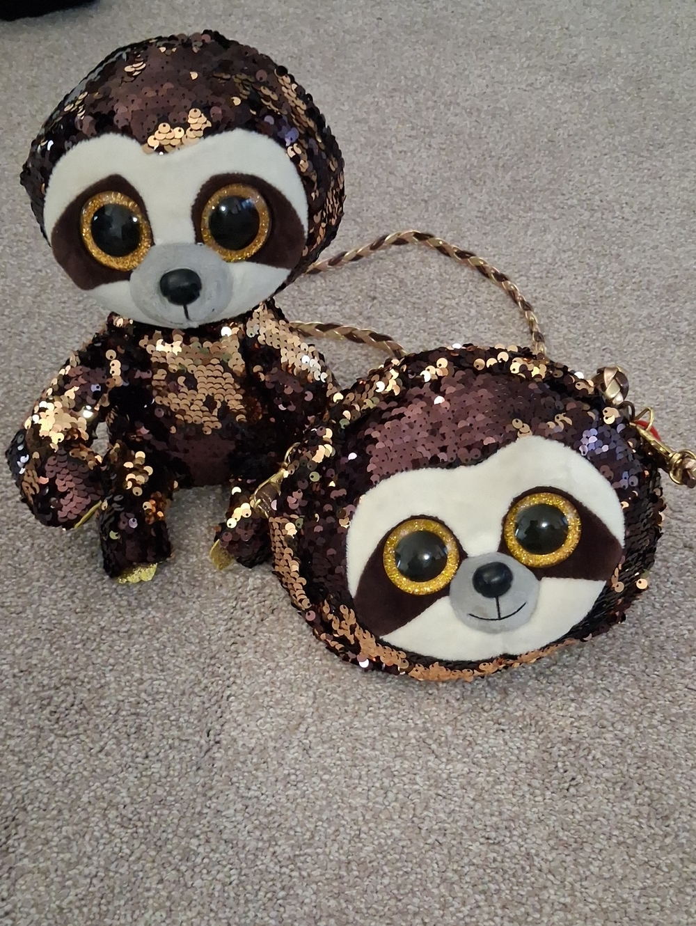 TY Sequined Sloth Crossbody Bag & Matching Plush Duo Set Rose Gold/Brown